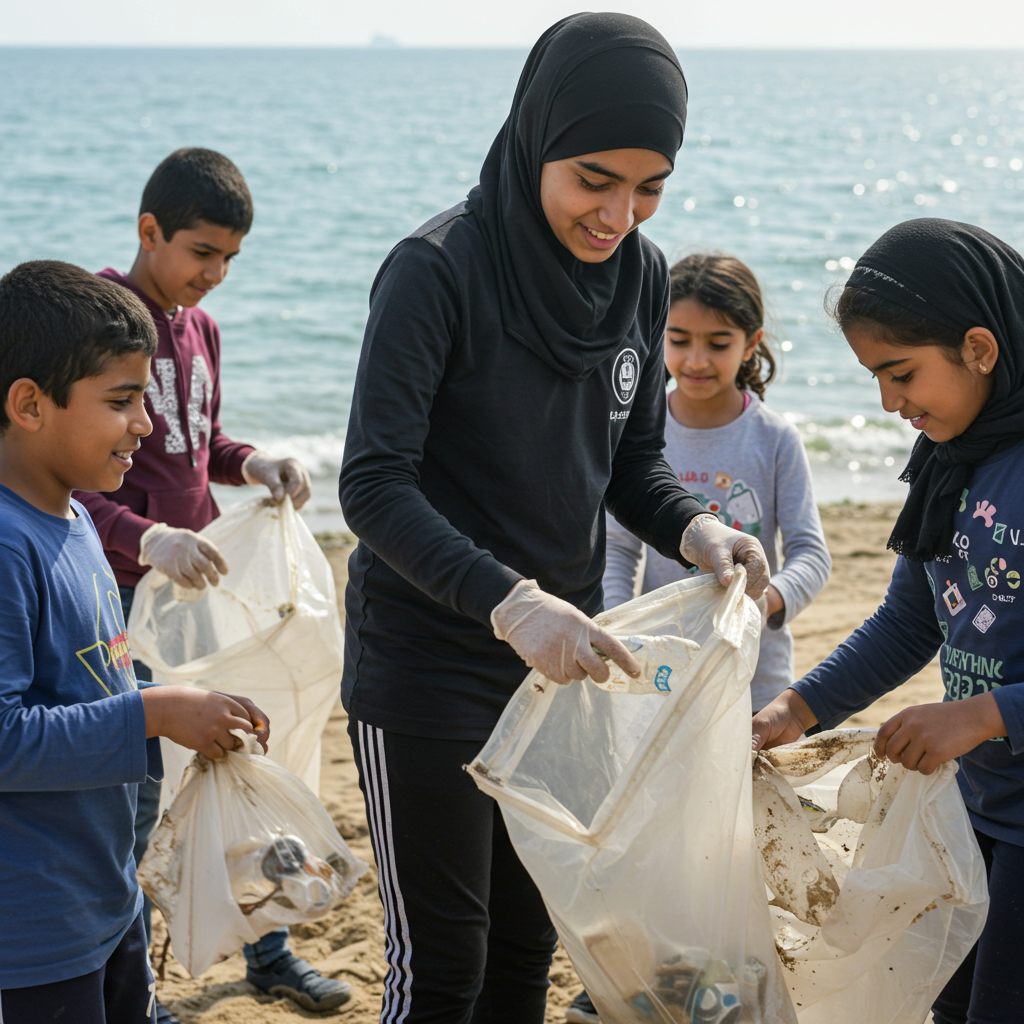 muslim kids cleaning beach